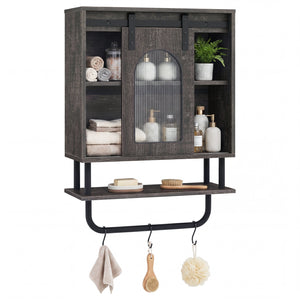 Bathroom Wall Cabinet with Sliding Barn Door and Metal Hanging Bar with 3 Hooks-Black