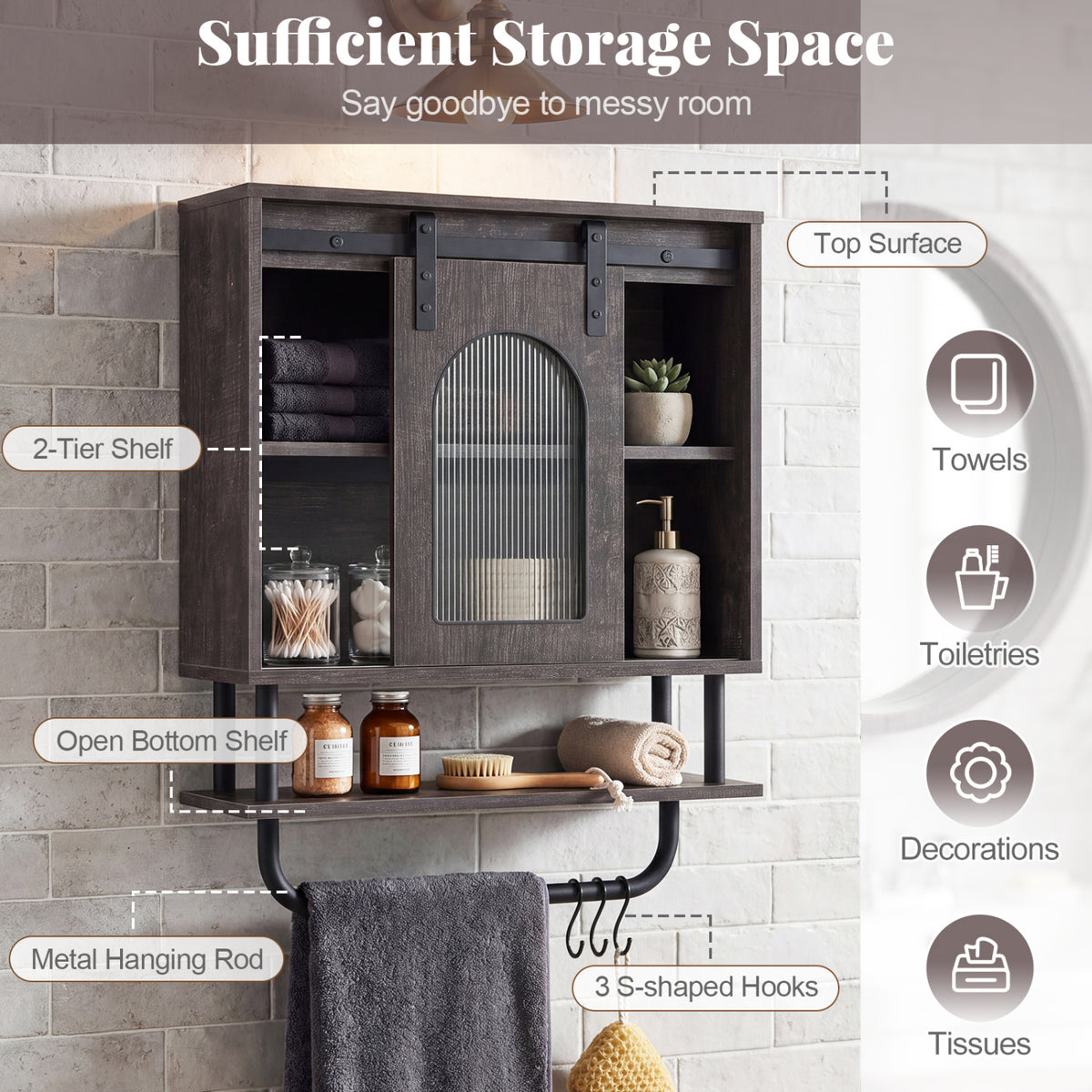 Bathroom Wall Cabinet with Sliding Barn Door and Metal Hanging Bar with 3 Hooks-Black