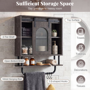Bathroom Wall Cabinet with Sliding Barn Door and Metal Hanging Bar with 3 Hooks-Black