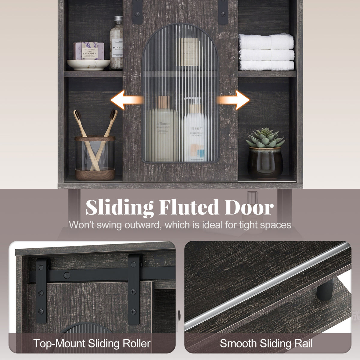 Bathroom Wall Cabinet with Sliding Barn Door and Metal Hanging Bar with 3 Hooks-Black