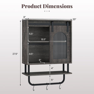 Bathroom Wall Cabinet with Sliding Barn Door and Metal Hanging Bar with 3 Hooks-Black