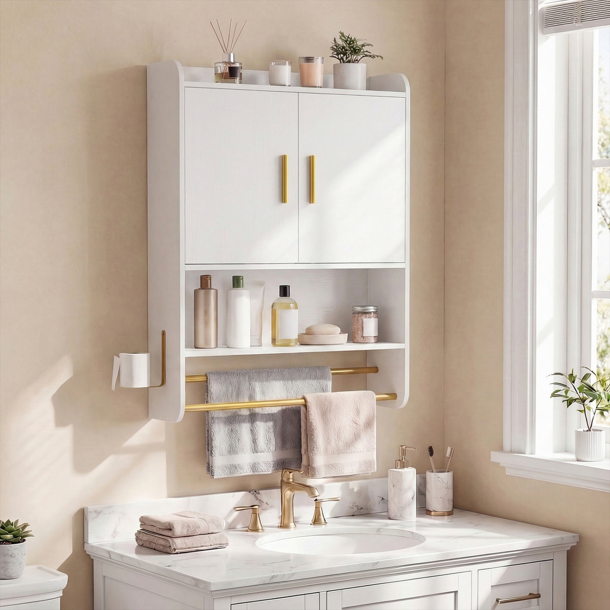 Bathroom Wall Cabinet Wall Mounted Medicine Cabinet with Towel Bars-White