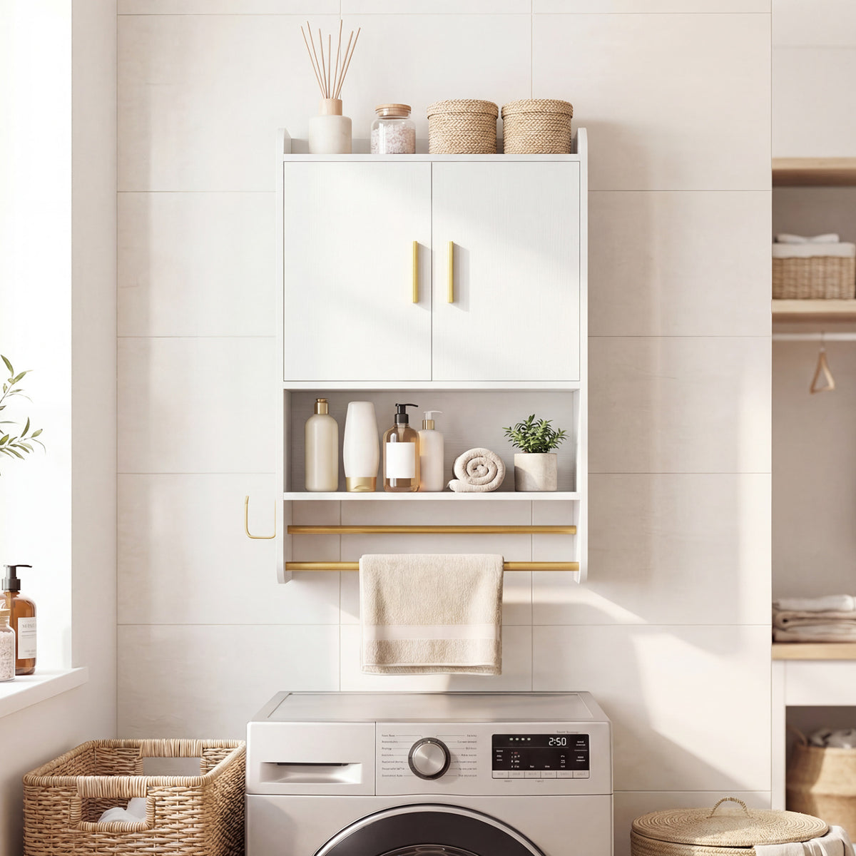 Bathroom Wall Cabinet Wall Mounted Medicine Cabinet with Towel Bars-White