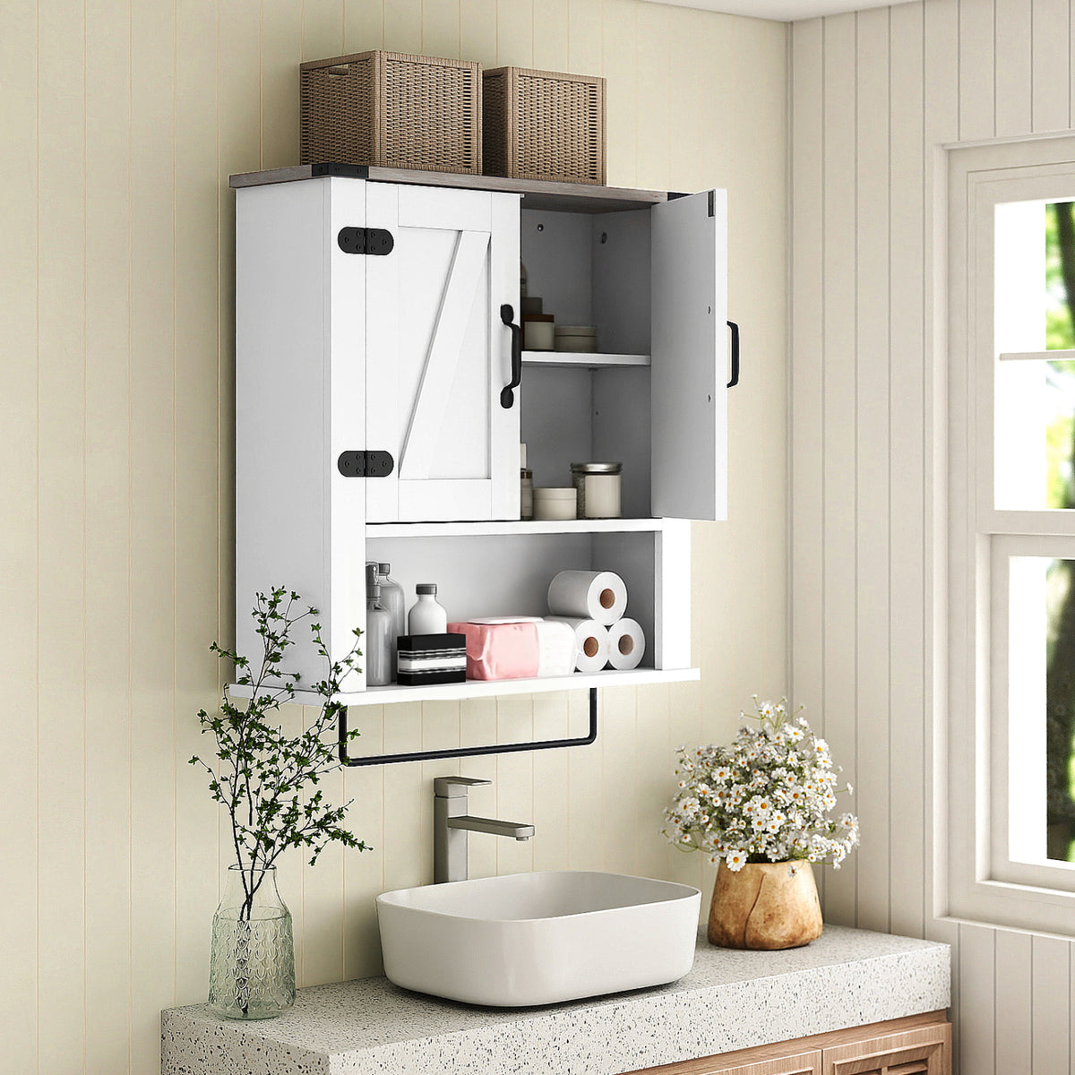 Bathroom Wall Cabinet with Towel Bar Farmhouse Medicine Cabinet-White