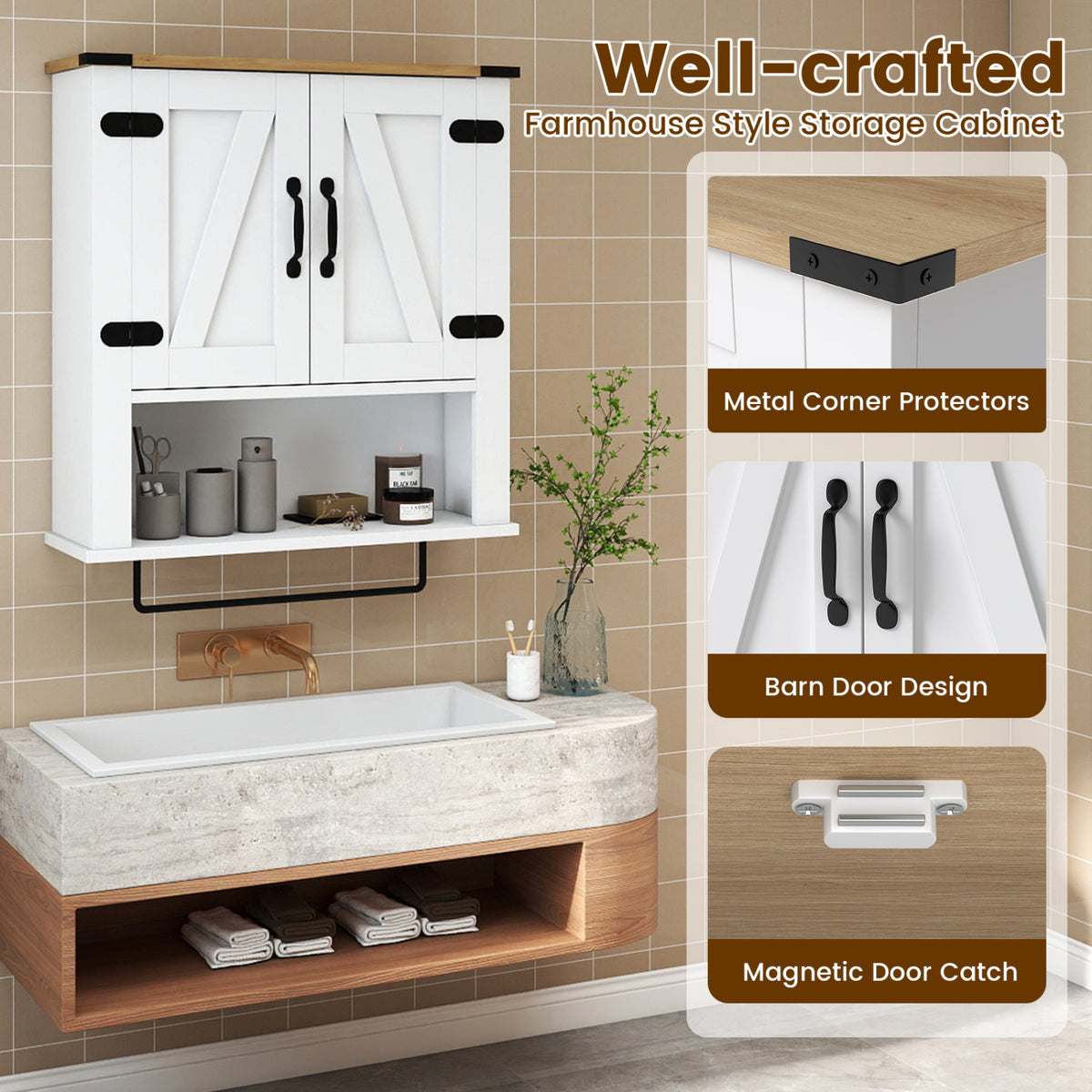 Bathroom Wall Cabinet with Towel Bar Farmhouse Medicine Cabinet-White