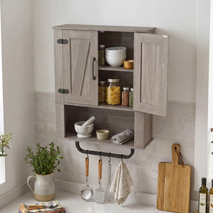 Bathroom Wall Cabinet with 2 Barn Doors and Towel Bar and 3-Tier Wooden Storage-Gray