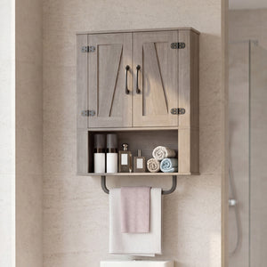 Bathroom Wall Cabinet with 2 Barn Doors and Towel Bar and 3-Tier Wooden Storage-Gray