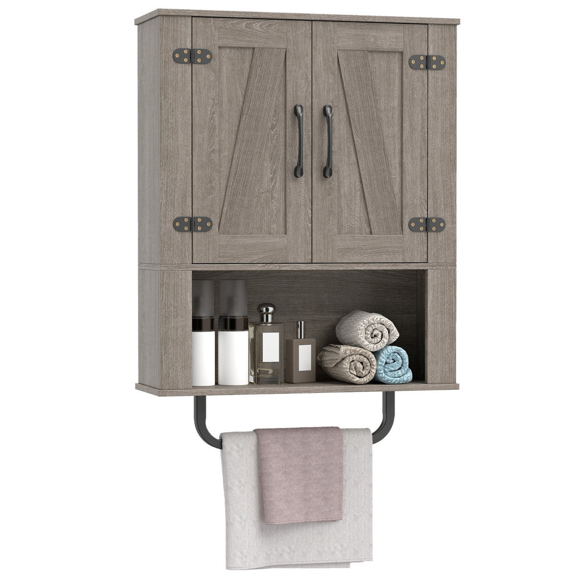 Bathroom Wall Cabinet with 2 Barn Doors and Towel Bar and 3-Tier Wooden Storage-Gray