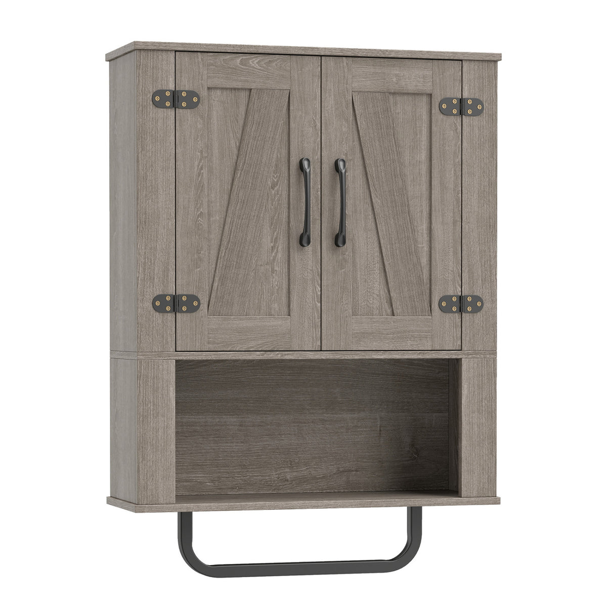 Bathroom Wall Cabinet with 2 Barn Doors and Towel Bar and 3-Tier Wooden Storage-Gray