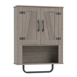 Bathroom Wall Cabinet with 2 Barn Doors and Towel Bar and 3-Tier Wooden Storage-Gray