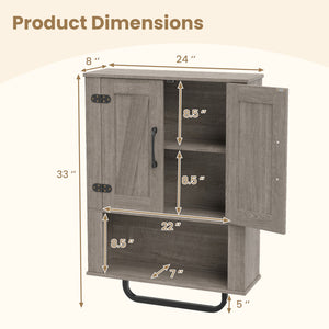Bathroom Wall Cabinet with 2 Barn Doors and Towel Bar and 3-Tier Wooden Storage-Gray