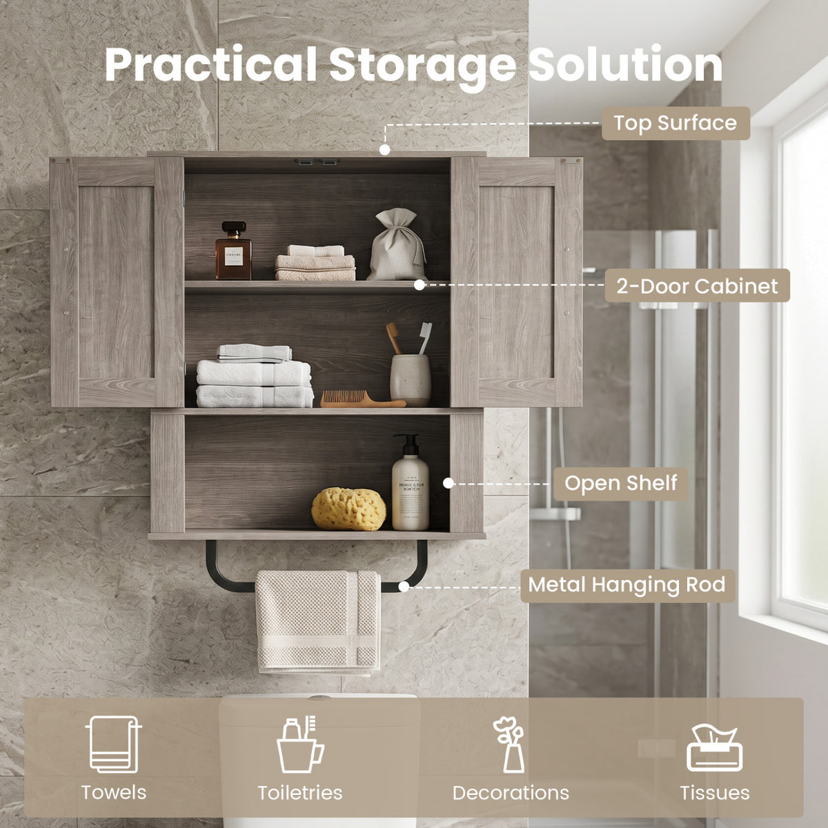 Bathroom Wall Cabinet with 2 Barn Doors and Towel Bar and 3-Tier Wooden Storage-Gray