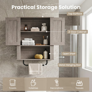 Bathroom Wall Cabinet with 2 Barn Doors and Towel Bar and 3-Tier Wooden Storage-Gray