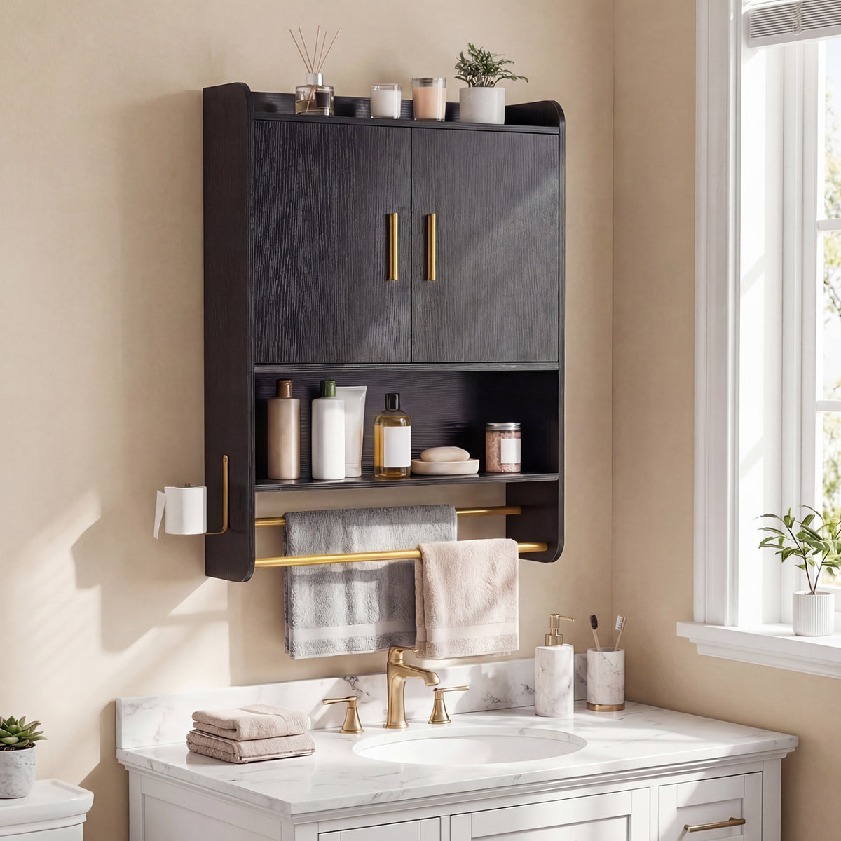 Bathroom Wall Cabinet Wall Mounted Medicine Cabinet with Towel Bars-Black