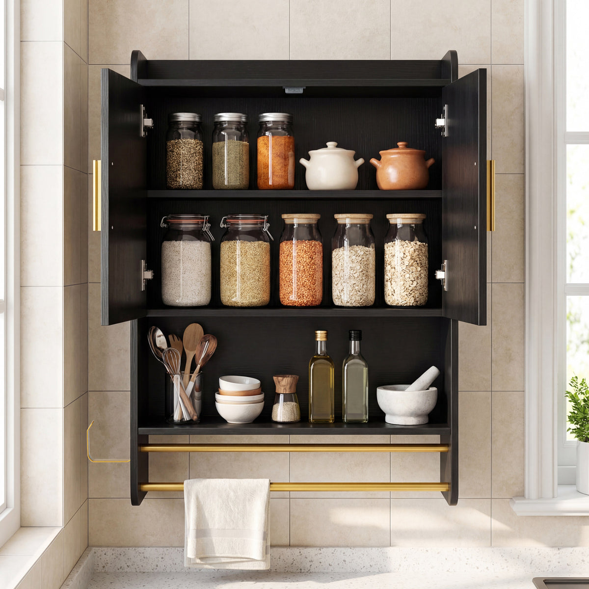 Bathroom Wall Cabinet Wall Mounted Medicine Cabinet with Towel Bars-Black