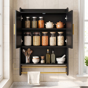 Bathroom Wall Cabinet Wall Mounted Medicine Cabinet with Towel Bars-Black