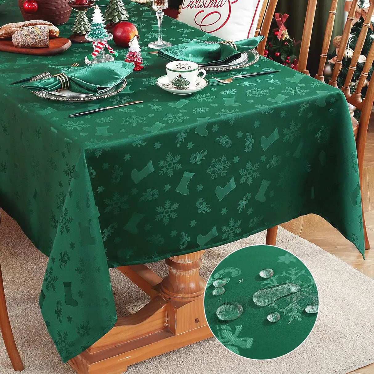 Honellaty Christmas Rectangular Tablecloth Spillproof Wrinkle Resistant Jacquard Table Cloth with Christmas Holiday-Themed Patterns for Dining Room & Holiday Decoration (Green60" x 84" (6-8 Seats))