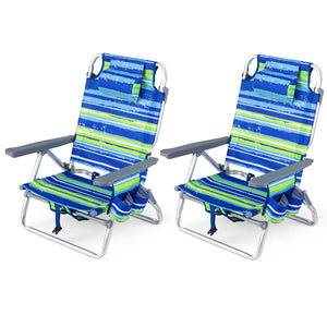 Beach Chairs Set of 2 Portable Folding Backpack Recliners with 5-Position Backrest and Padded Headrest-Blue and Green
