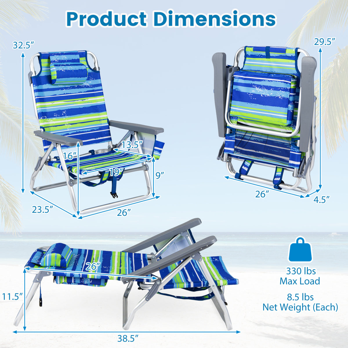 Beach Chairs Set of 2 Portable Folding Backpack Recliners with 5-Position Backrest and Padded Headrest-Blue and Green