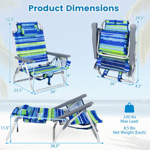 Beach Chairs Set of 2 Portable Folding Backpack Recliners with 5-Position Backrest and Padded Headrest-Blue and Green