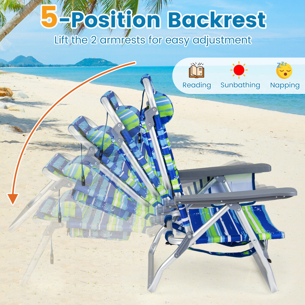 Beach Chairs Set of 2 Portable Folding Backpack Recliners with 5-Position Backrest and Padded Headrest-Blue and Green