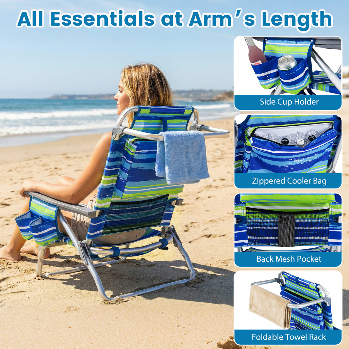 Beach Chairs Set of 2 Portable Folding Backpack Recliners with 5-Position Backrest and Padded Headrest-Blue and Green
