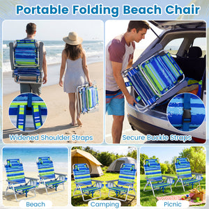 Beach Chairs Set of 2 Portable Folding Backpack Recliners with 5-Position Backrest and Padded Headrest-Blue and Green