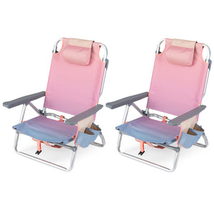 Beach Chairs Set of 2 Portable Folding Backpack Recliners with 5-Position Backrest and Padded Headrest-Gradient Pink