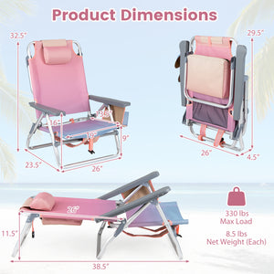 Beach Chairs Set of 2 Portable Folding Backpack Recliners with 5-Position Backrest and Padded Headrest-Gradient Pink