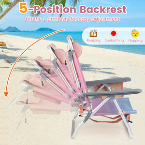 Beach Chairs Set of 2 Portable Folding Backpack Recliners with 5-Position Backrest and Padded Headrest-Gradient Pink