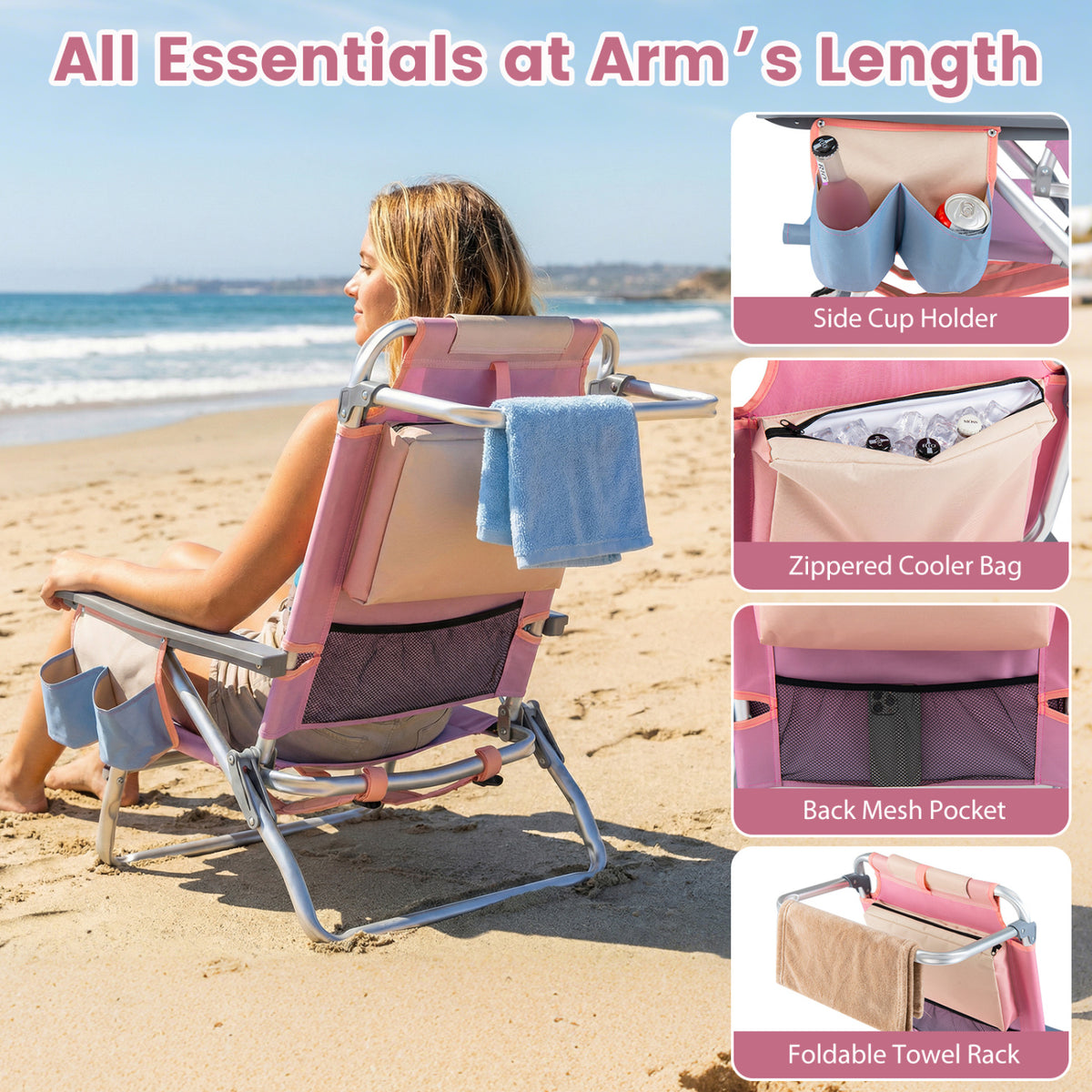 Beach Chairs Set of 2 Portable Folding Backpack Recliners with 5-Position Backrest and Padded Headrest-Gradient Pink