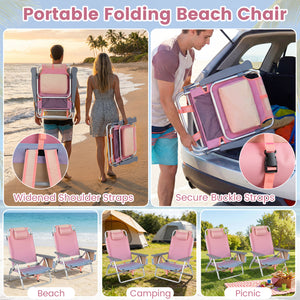 Beach Chairs Set of 2 Portable Folding Backpack Recliners with 5-Position Backrest and Padded Headrest-Gradient Pink