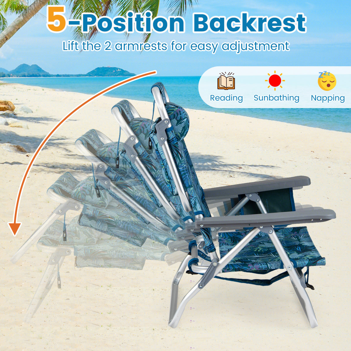 Beach Chairs Set of 2 Portable Folding Backpack Recliners with 5-Position Backrest and Padded Headrest-Peacock Blue