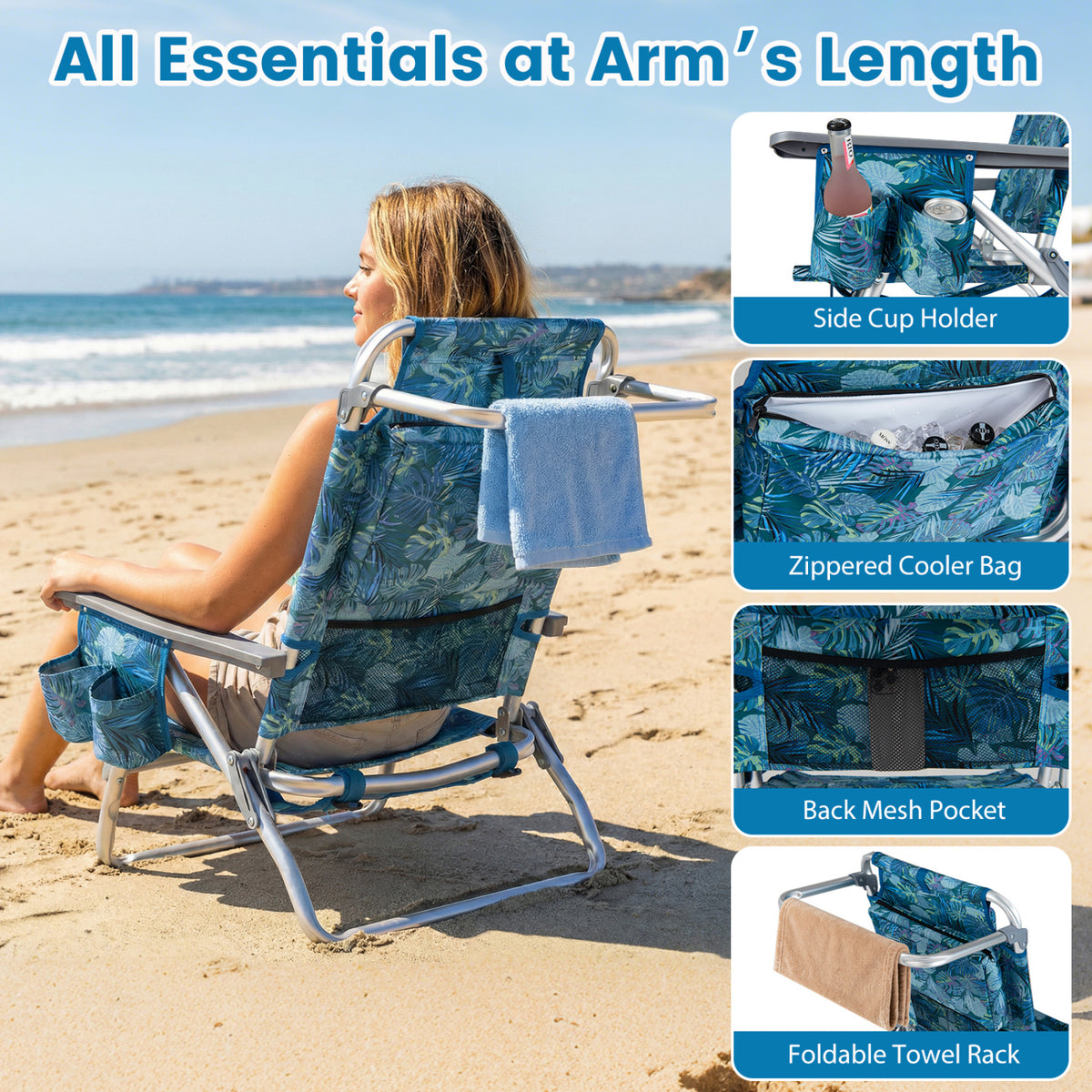 Beach Chairs Set of 2 Portable Folding Backpack Recliners with 5-Position Backrest and Padded Headrest-Peacock Blue