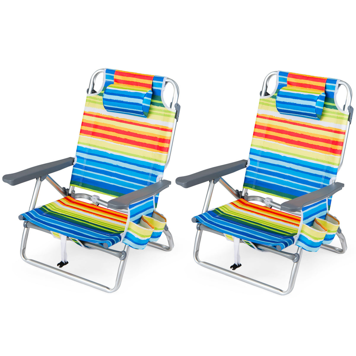 Beach Chairs Set of 2 Portable Folding Backpack Recliners with 5-Position Backrest and Padded Headrest-Yellow