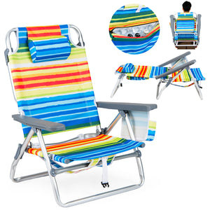Beach Chairs Set of 2 Portable Folding Backpack Recliners with 5-Position Backrest and Padded Headrest-Yellow