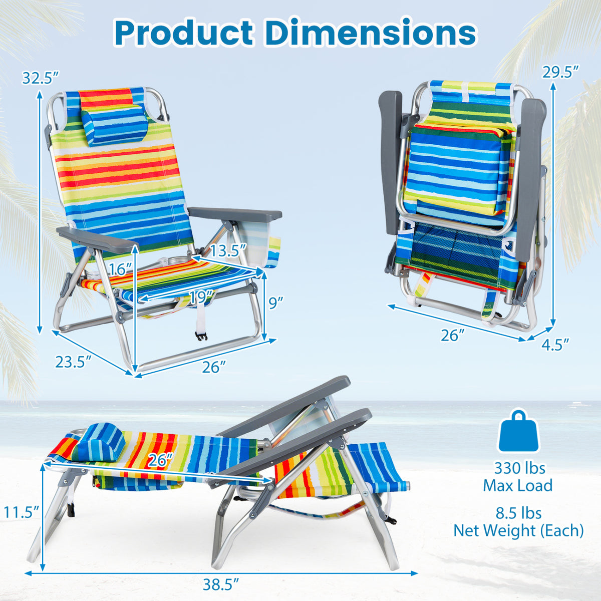Beach Chairs Set of 2 Portable Folding Backpack Recliners with 5-Position Backrest and Padded Headrest-Yellow