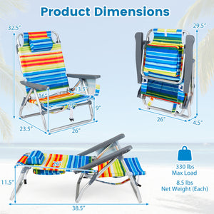 Beach Chairs Set of 2 Portable Folding Backpack Recliners with 5-Position Backrest and Padded Headrest-Yellow