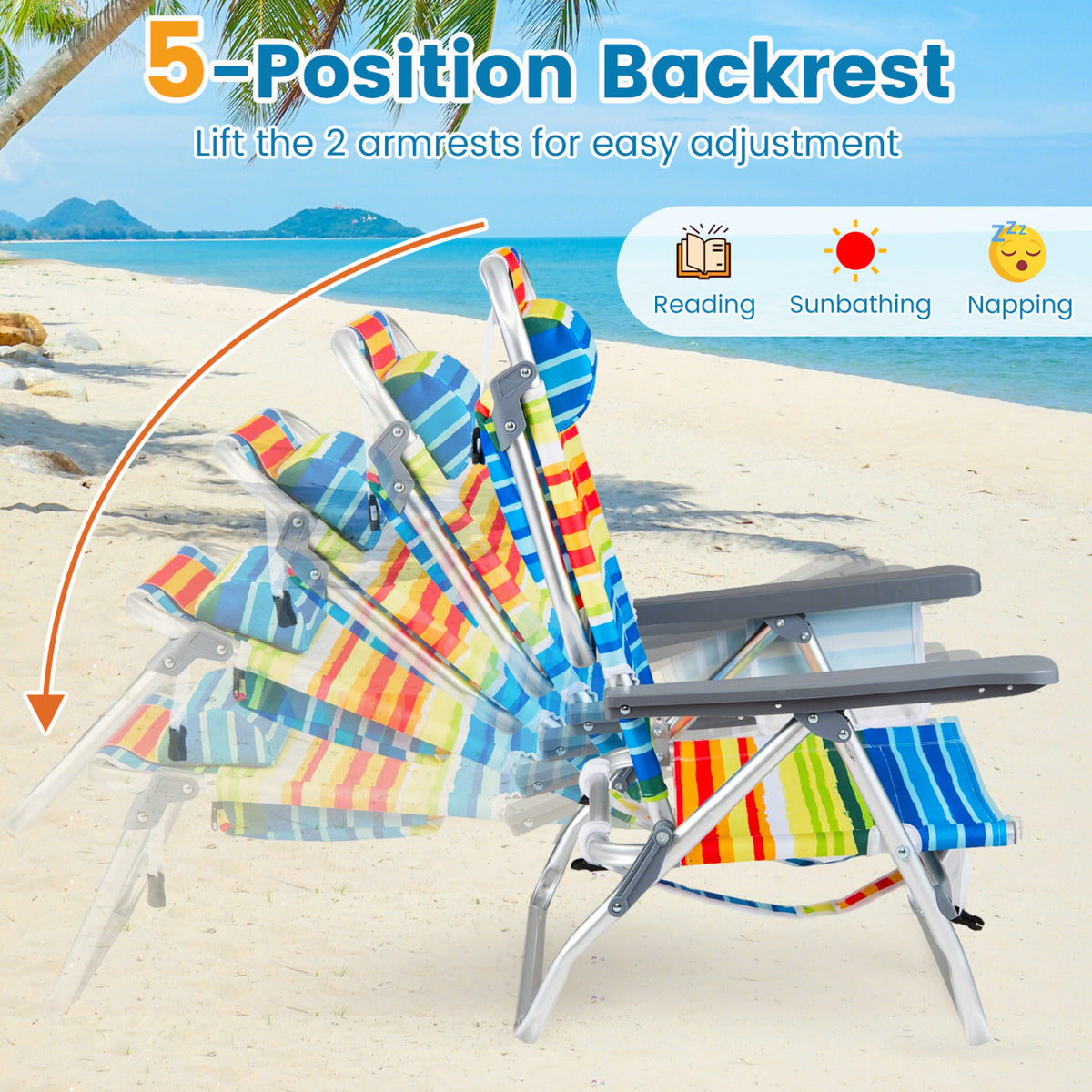 Beach Chairs Set of 2 Portable Folding Backpack Recliners with 5-Position Backrest and Padded Headrest-Yellow