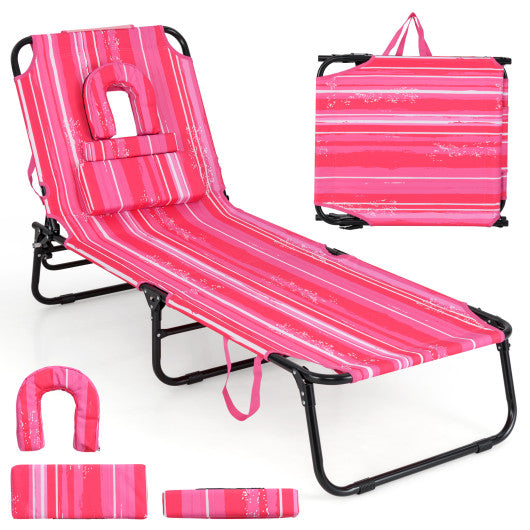 Beach Chaise Lounge Chair with Face Hole and Removable Pillow-Hot Pink