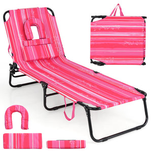 Beach Chaise Lounge Chair with Face Hole and Removable Pillow-Hot Pink