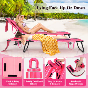 Beach Chaise Lounge Chair with Face Hole and Removable Pillow-Hot Pink