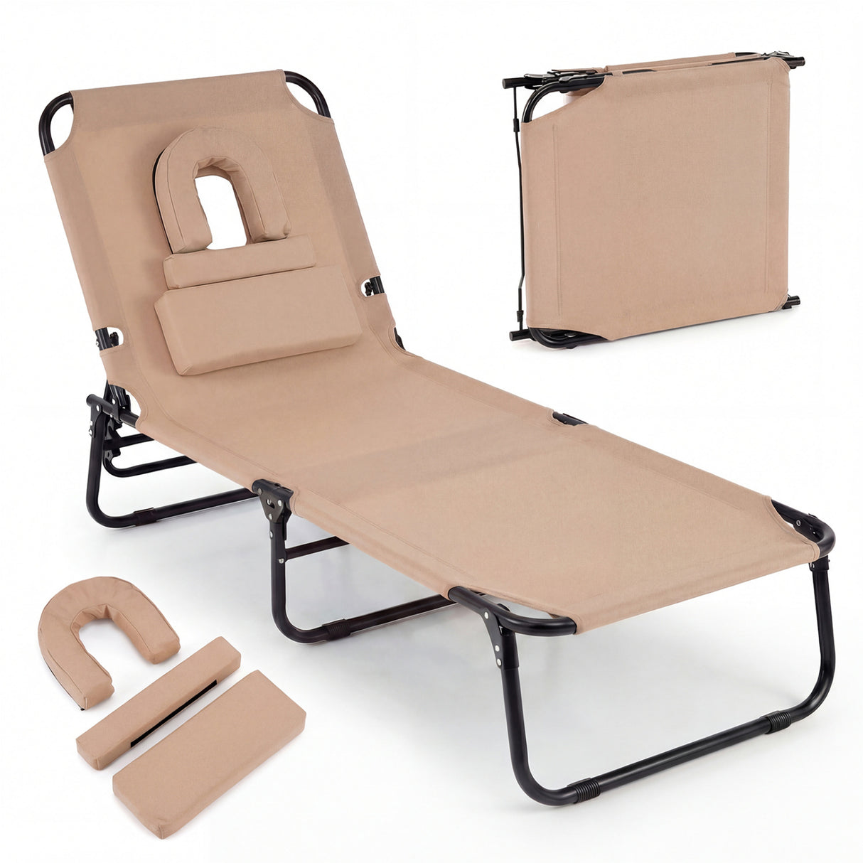 Beach Chaise Lounge Chair with Face Hole and Removable Pillow-Beige