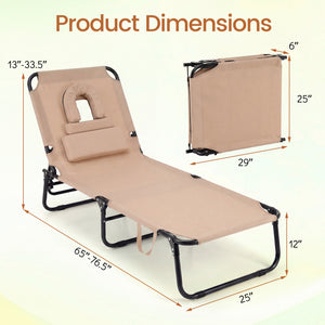 Beach Chaise Lounge Chair with Face Hole and Removable Pillow-Beige