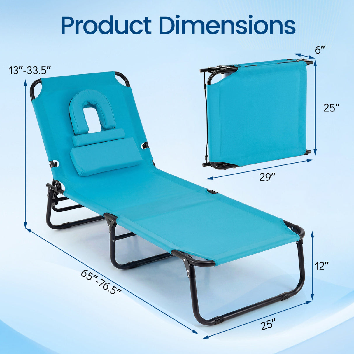 Beach Chaise Lounge Chair with Face Hole and Removable Pillow-Turquoise