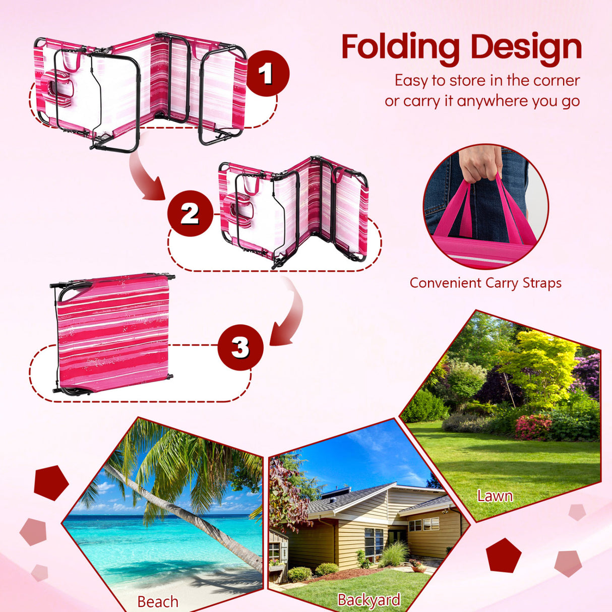 Beach Chaise Lounge Chair with Face Hole and Removable Pillow-Hot Pink