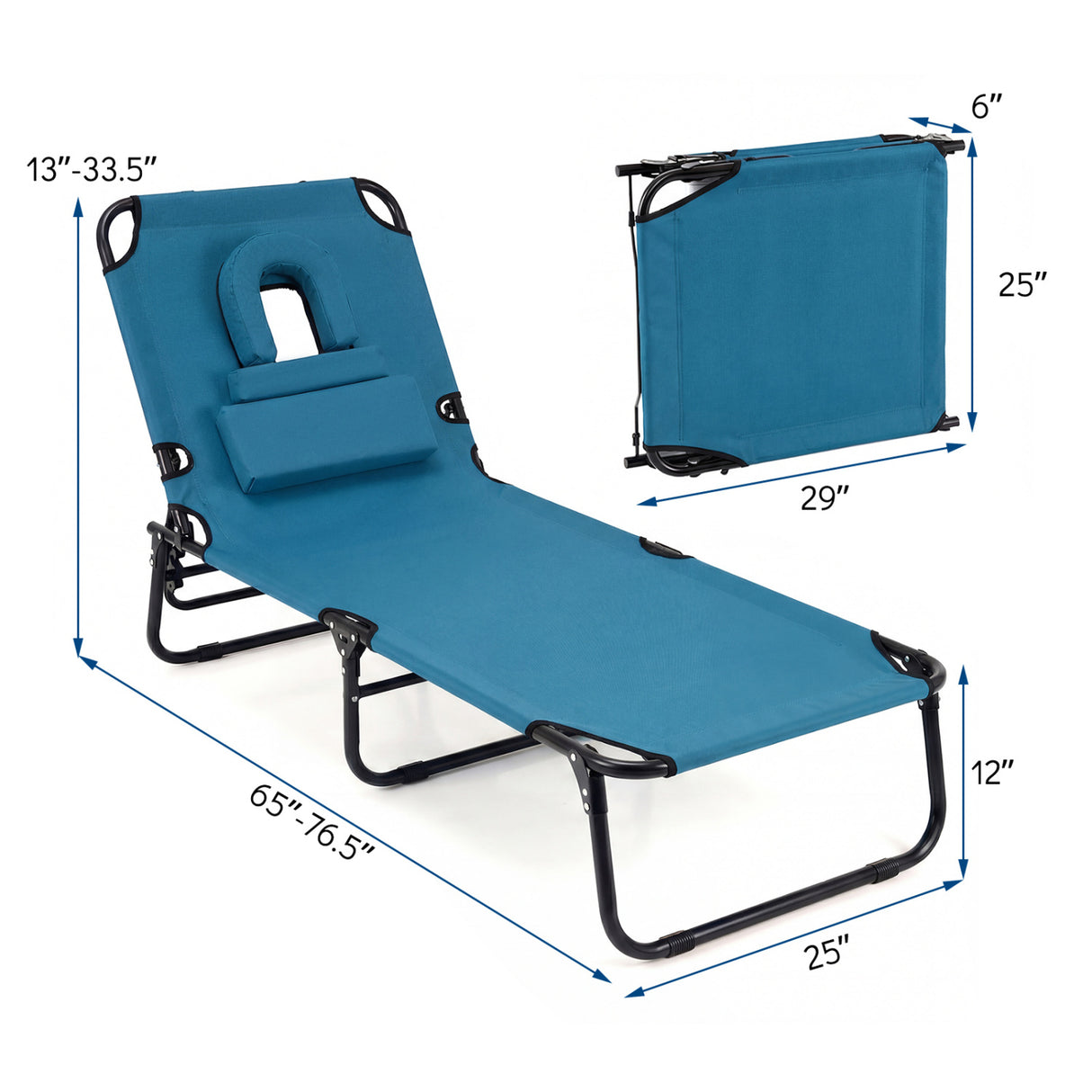 Beach Chaise Lounge Chair with Face Hole and Removable Pillow-Blue