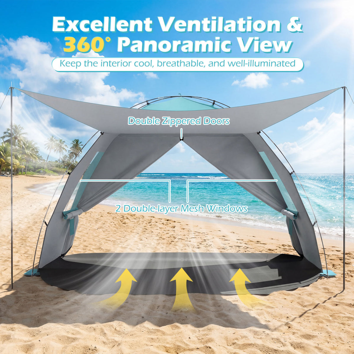 Beach Tent Sun Shelter with Canopy with Extended Floor and Vent Windows-Blue