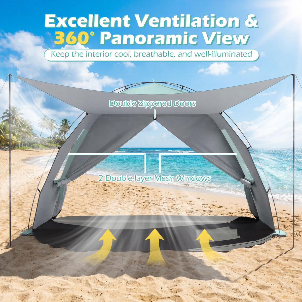 Beach Tent Sun Shelter with Canopy with Extended Floor and Vent Windows-Green