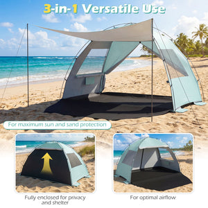 Beach Tent Sun Shelter with Canopy with Extended Floor and Vent Windows-Green